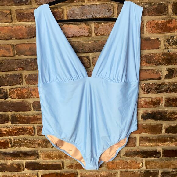 New J. Crew Baby Light Blue Plunge One-Piece Swim Bathing Suit Women's Size 24 - Picture 2 of 8